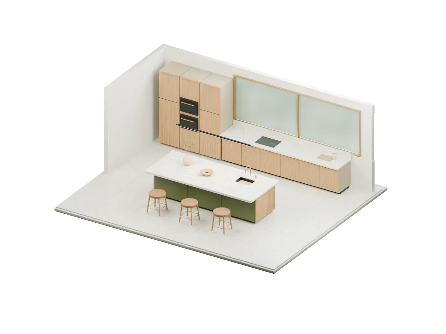 Architectural cutaway of a finished oak and olive kitchen